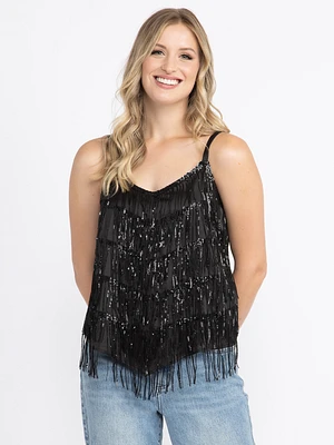 Women's Sequin Fringe Strappy Tank Top