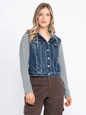 Women's Dark Wash Knit Sleeve Denim Jacket