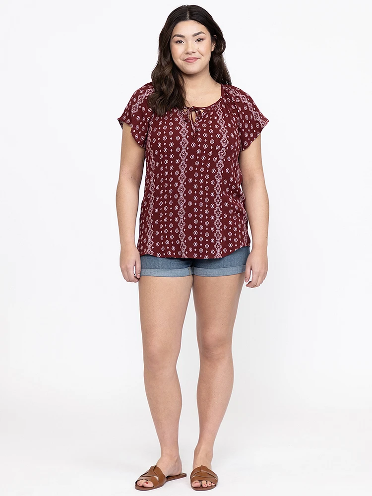 Women's Geo Tie Neck Peasant Top