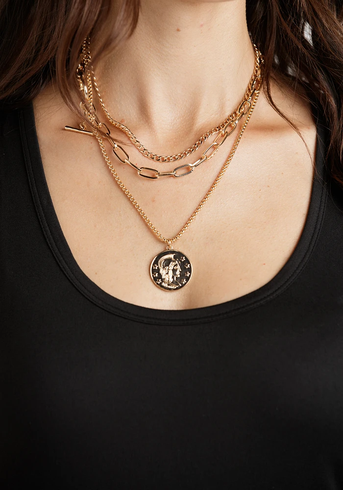 Triple Chain Spartan Coin Gold Necklace