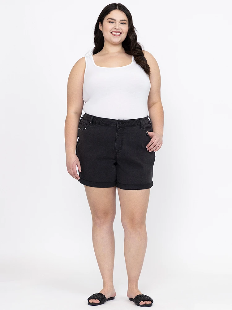 Women's High Rise Black Midi Short With Studs