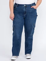 Women's Plus Dark Wash High Rise Drapey Wide Leg Cargo Jeans