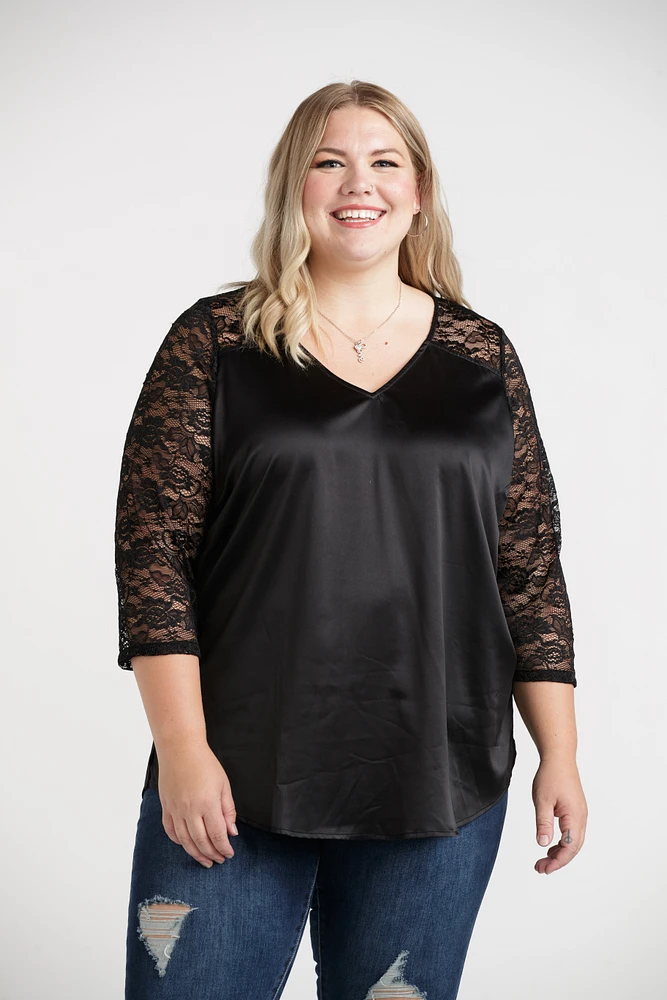 Women's Satin Blouse With Lace Sleeves