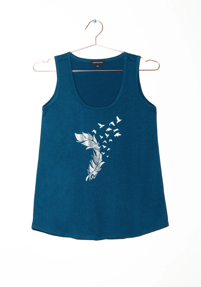 Women's Glitter Feather Scoop Neck Tank