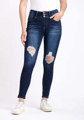 Women's Button High Rise Destroyed Skinny Jeans