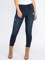 Women's Exposed Button Destroyed Ankle Skinny Jeans