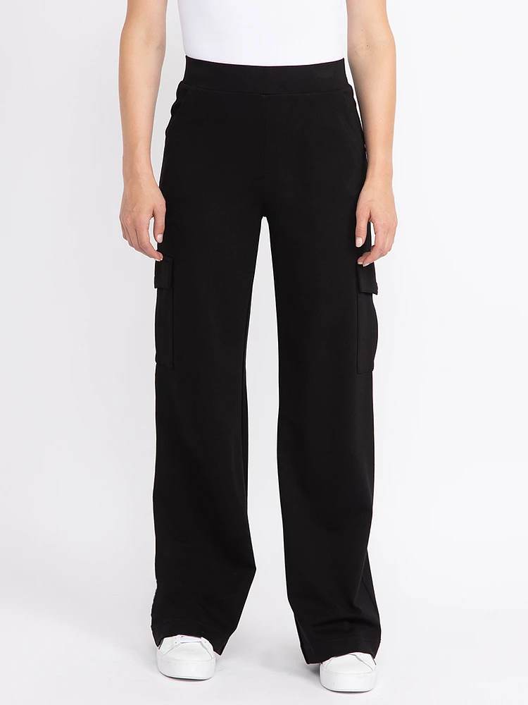 Women's  Black Pull-on Ponte Wide Leg Cargo Pant