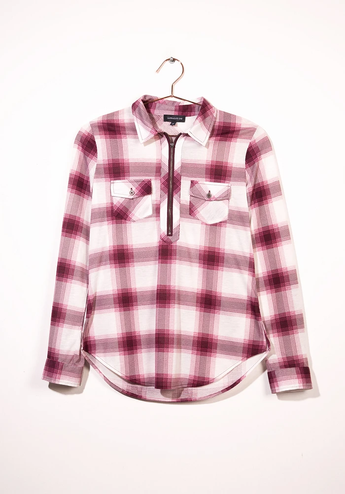 Women's Half Zip Plaid Shirt