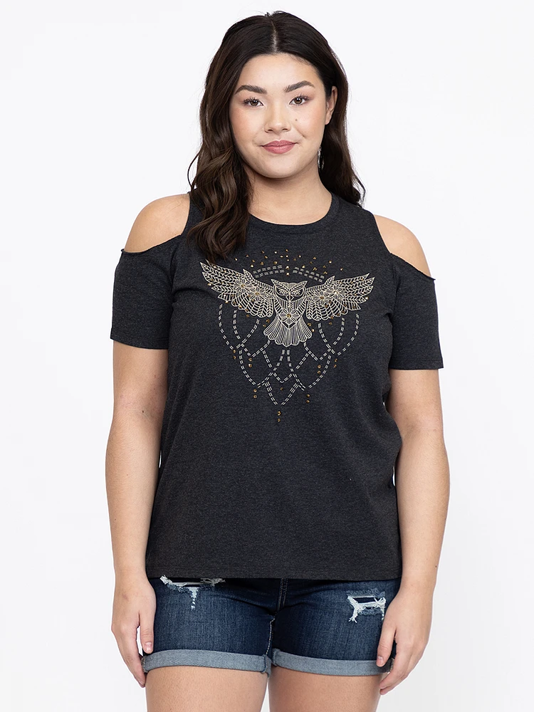 Women's Owl Cold Shoulder Oversized Tee