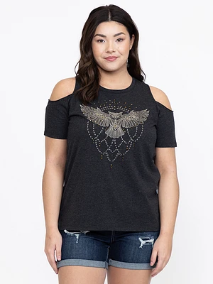 Women's Owl Cold Shoulder Oversized Tee