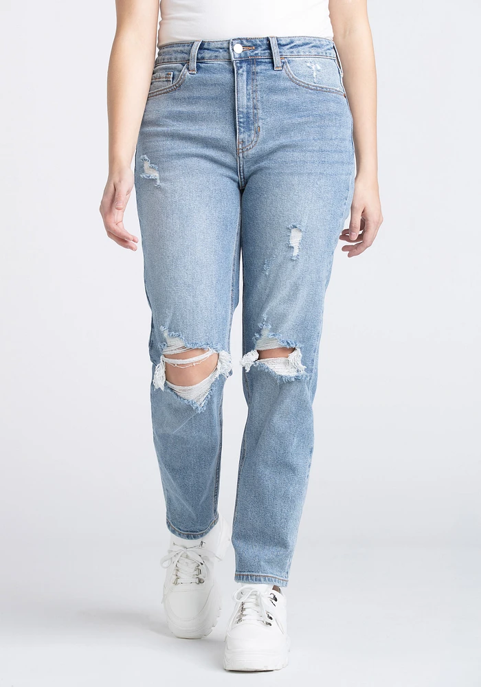 Women's High Rise Destroyed Slim Straight Jeans