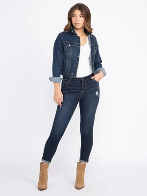 Women's Exposed Button Destroyed Ankle Skinny Jeans