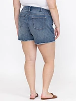 Women's Plus Medium Wash Frayed Hem Shortie with Crochet Lace Insert