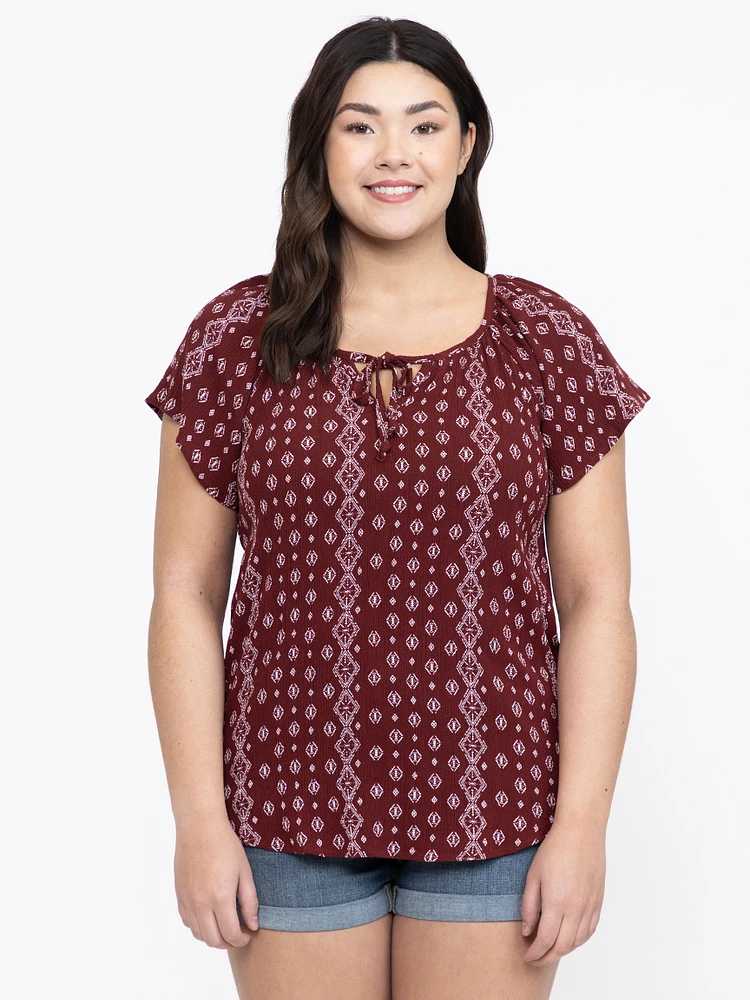 Women's Geo Tie Neck Peasant Top