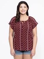Women's Geo Tie Neck Peasant Top