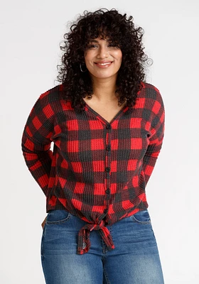 Women's Buffalo Plaid Tie Front Top