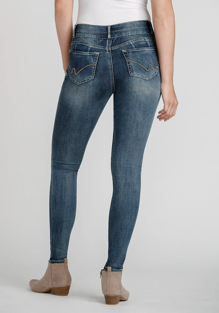 Women's Stacked Button Mid Wash Skinny Jeans