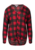 Women's Buffalo Plaid Tie Front Top