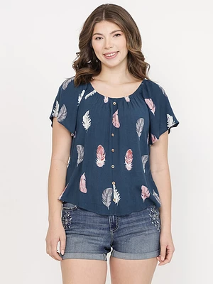 Women's Feather Print Peasant Top