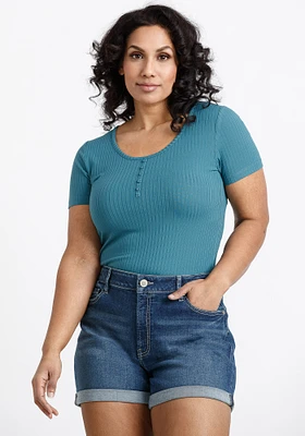 Women's Scoop Neck Ribbed Henley Tee