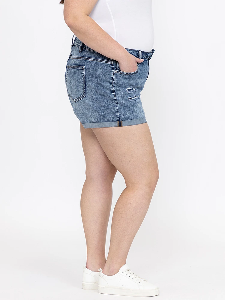 Women's Plus High Rise Rip & Repair Medium Wash Cuffed Shortie
