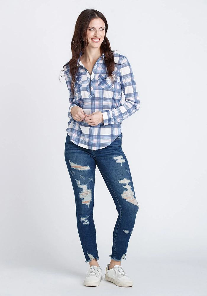 Women's Half Zip Knit Plaid Shirt