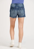 Women's 2 Button Jean Shortie with Back Flap Pockets