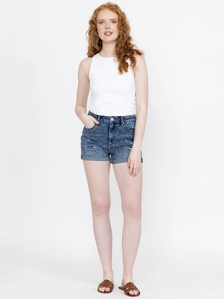 Women's High Rise Rip & Repair Medium Wash Cuffed Shortie
