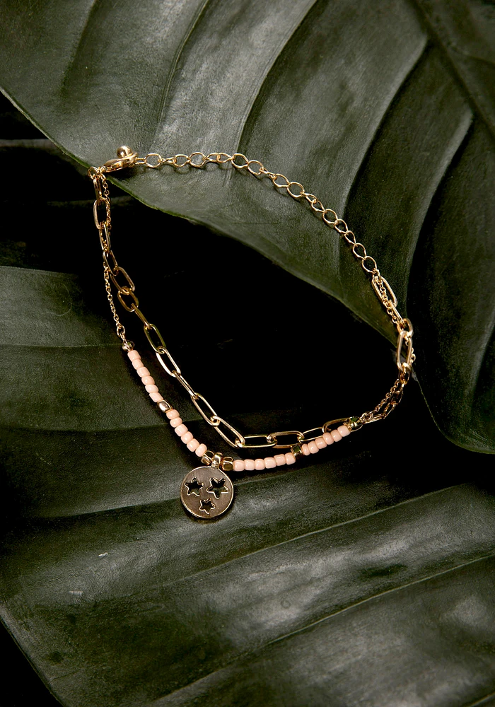 Women's Peach Bead Gold Chain Anklet