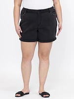 Women's High Rise Black Midi Short With Studs