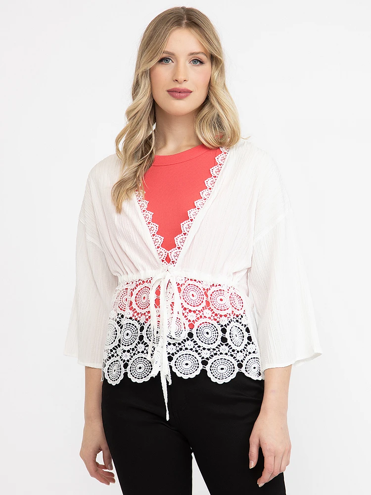 Women's Tie Front Wrap With Lace Detail