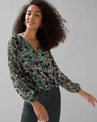 Petite Long Sleeve Silk Burnout Blouse
