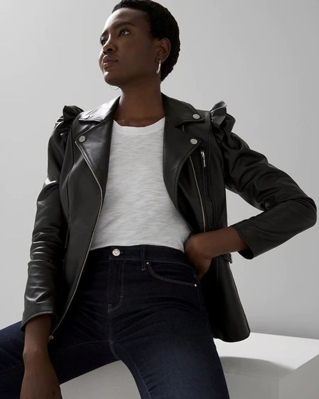 Women's Petite Leather Moto Jacket in Black/White Size Small Petite | White House Black Market