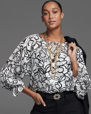 Bateau-Neck Silk-Blend Burnout Blouse