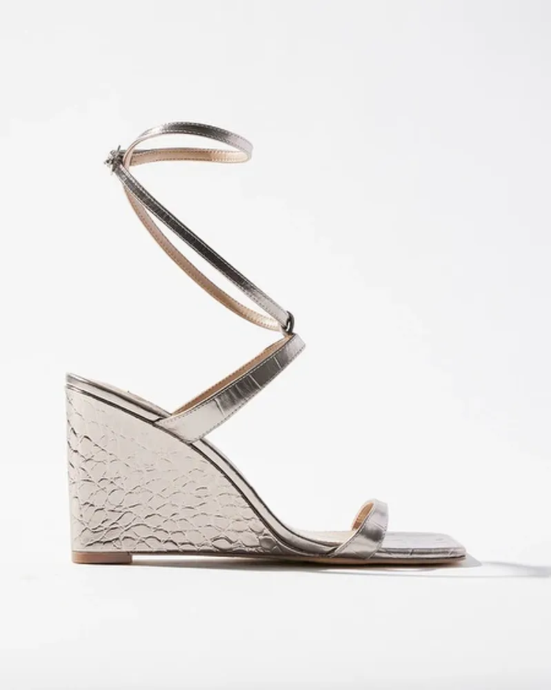 Metallic Croco-Embossed Wedge Sandal