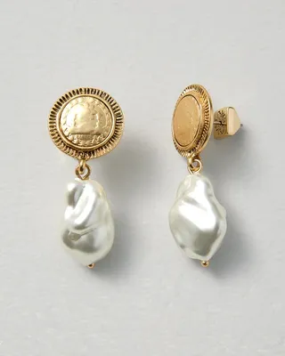 Goldtone Coin & Faux Pearl Drop Earrings