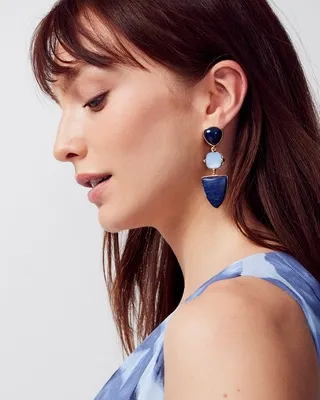 Goldtone and Blue Geo Linear Earrings