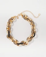 Black Textured Leather + Pavé Link Necklace