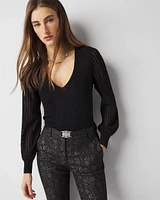 Sheer Sleeve V-Neck Sweater