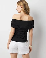 Off-the-Shoulder Ruched Mesh Top
