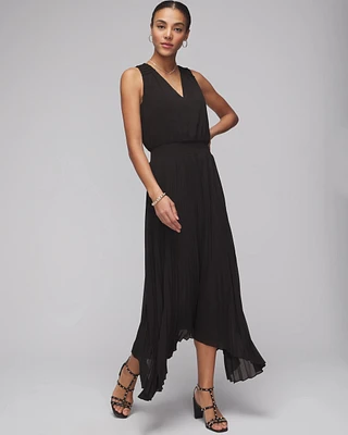 Sleeveless Smocked V-Neck Pleated Midi Dress