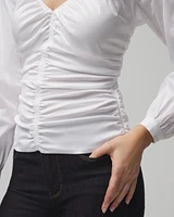 Long Sleeve Ruched V-Neck Poplin Top