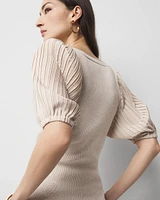 Pleated Puff-Sleeve Henley Sweater