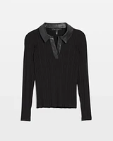 Faux Leather Collar Pullover Sweater