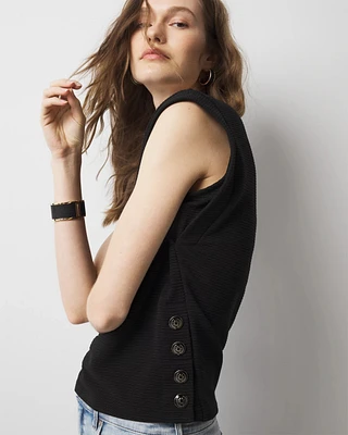 Side-Button Ribbed Crewneck Top