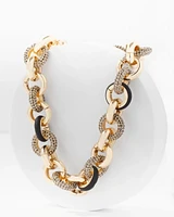 Black Textured Leather + Pavé Link Necklace