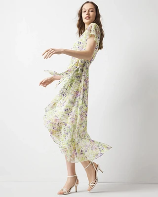 Short Sleeve Flutter Wrap Midi Dress