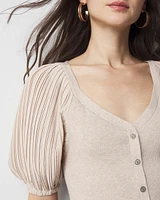 Pleated Puff-Sleeve Henley Sweater