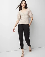 Pleated Puff-Sleeve Henley Sweater