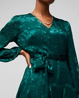 Long Sleeve Burnout V-Neck Godet Dress